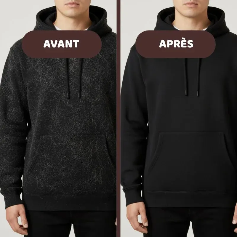 Avant et après sur un sweat noir à capuche : vêtement constellé de poils blancs à gauche, tissu noir uniforme après le Gantitouf à droite