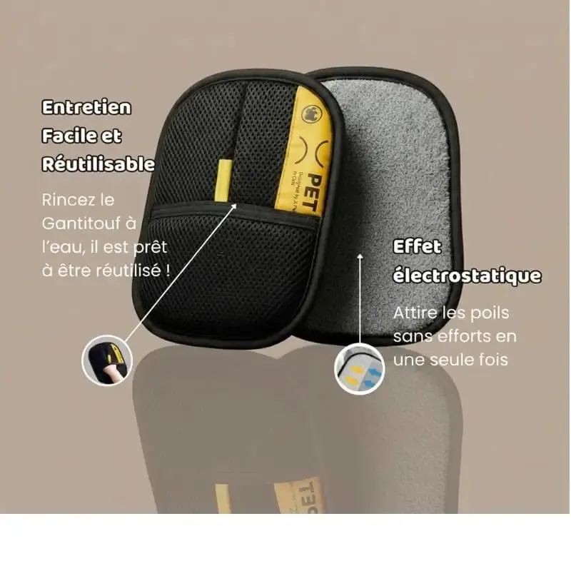 Infographie Gantitouf : gant ouvert montrant le dos en mesh noir et la face grise électrostatique, avec les mentions entretien facile et réutilisable et effet électrostatique